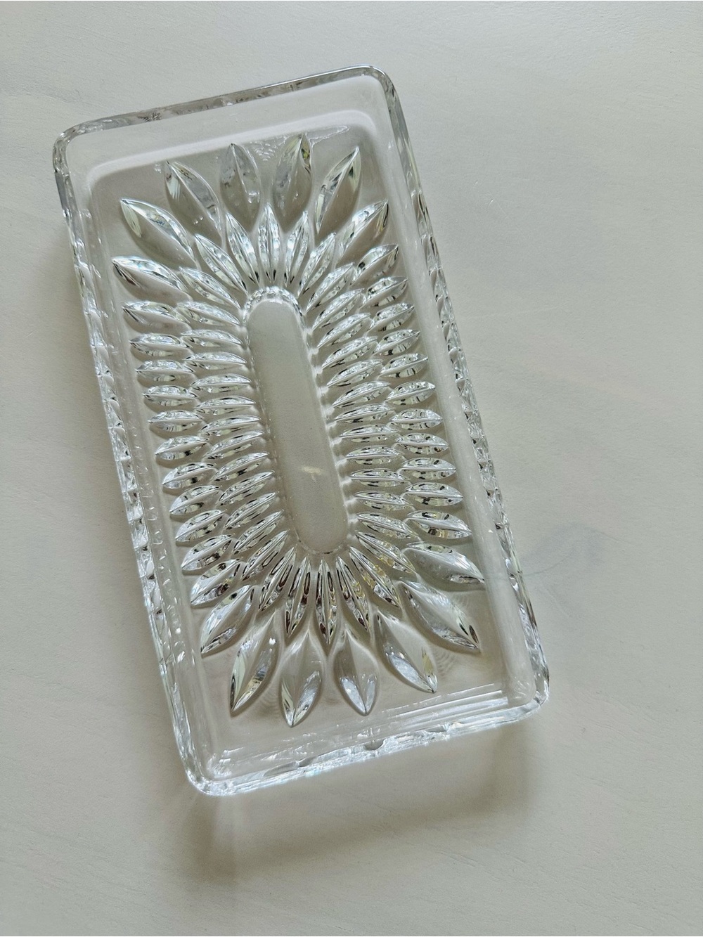 Clear Pressed Glass Rectangular Candy Dish - Radiant Starburst